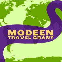 A green world's map, a purple element on the map and a text in light yellow colour Modeen travel grant