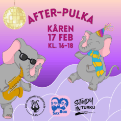 Afte-Pulka Åbo 2026 - En elefant som dansar med en festhatt på sig och en som spelar saxofon och har solglasögon på sig