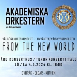 Akademiska Orkestern - information om konserten på ljusblå bakgrund samt orkesterns logo.