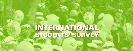 Banner green background photo with people wearing their degree hats, balloons in the air. Text International students survey