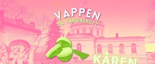 Banner vappen på vårdberget rosa-grön bild på observatoriet, tre gröna examensmössor i hög och kårens skylt som lyser i ljusgrönt