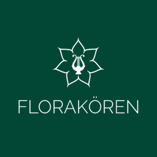 mörkgrön bakgrund med vit logo (blomma med lyra i mitten) och texten: Florakören