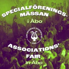 Grönlilafärgad bild på festsalsväggens målning på Kåren, ÅAS logo samt text Specialföreningsmässan i Åbo, Associations' Fair in Åbo.jpg