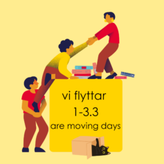 Människor som klättar på en låda. I lådan står det Vi flyttar 1–3.3 are moving days