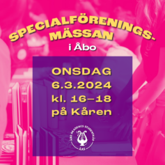 På bakgrunsbilden människor som säljer sångböcker vid ett bord. Bilden är pinkfärgad. På en lila box i mitten av bilden ljusgul text: Specialföreningsmässa onsdag 6.3.2024 kl. 16–18 på Kåren.