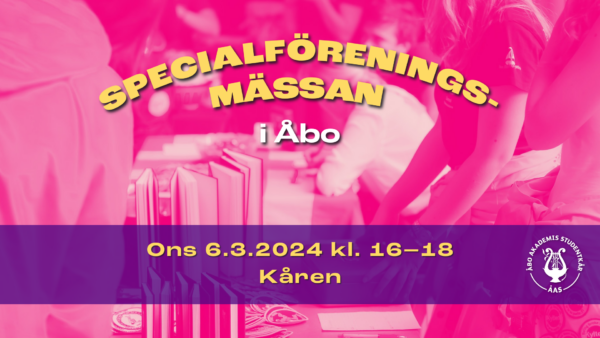 Pink bild på människor som säljer sångböcker på specialföreningsmässan. Text: Specialföreningsmässan i Åbo. Ons 6.3.2024 kl. 16-18 Kåren