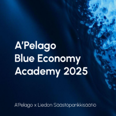 Mörk blå vatten med vågor samt text A'Pelago Blue Economy Academy 2025