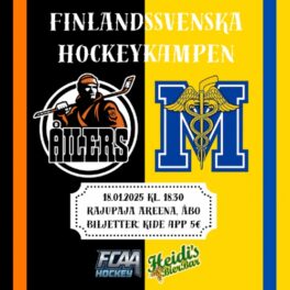 Nylandsgatans Åilers och HC Morjens logon samt text där det står Finlandssvenska hockeykampen. 18.1.2025 kl. 18.30 Rajupaja Areena Åbo, Biljetter kide app 5 €. FCAA Hockeys och Heidi's BierBars logon