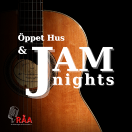 RÅA närbild på gitarr på svart bakgrund, RÅAs logo i hörnet. text: öppet hus & jamnights