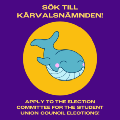 Tecknad leende val på gul rund bakgrund. Bakgrunden till hela bilden är mörklila och ovanför valen står Sök till kårvalsnämnden och nedanför valen Apply to the Election Committee for the Student Union Council Elections