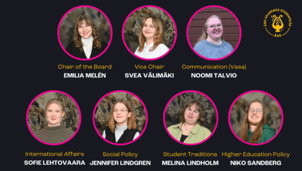 Photos ot the Board and their positions. From left to right, first row: Chair of the Board Emilia Melén, Vice Chair Svea Välimäki, Communication (Vasa) Noomi Talvio. From left to right second row: International Affairs Sofie Lehtovaara, Social Policy Jennifer Lindgren, Student Traditions Melina Lindholm, Higher Education Policy Niko Sandberg.