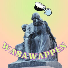 Wasawappen, bild på Topeliusstatyn och en studentmössa