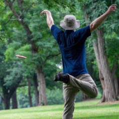 en människa spelar frisbeegolf i en park