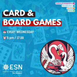 esn card and board games ad on light blue background with cards on it