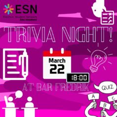 Pink picture with the text ESN Trivia Night 22 March 6 p.m. at Bar Fredrik. A lot of quiz related white figures on the pink background.