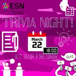 Pink picture with the text ESN Trivia Night 22 March 6 p.m. at Bar Fredrik. A lot of quiz related white figures on the pink background.